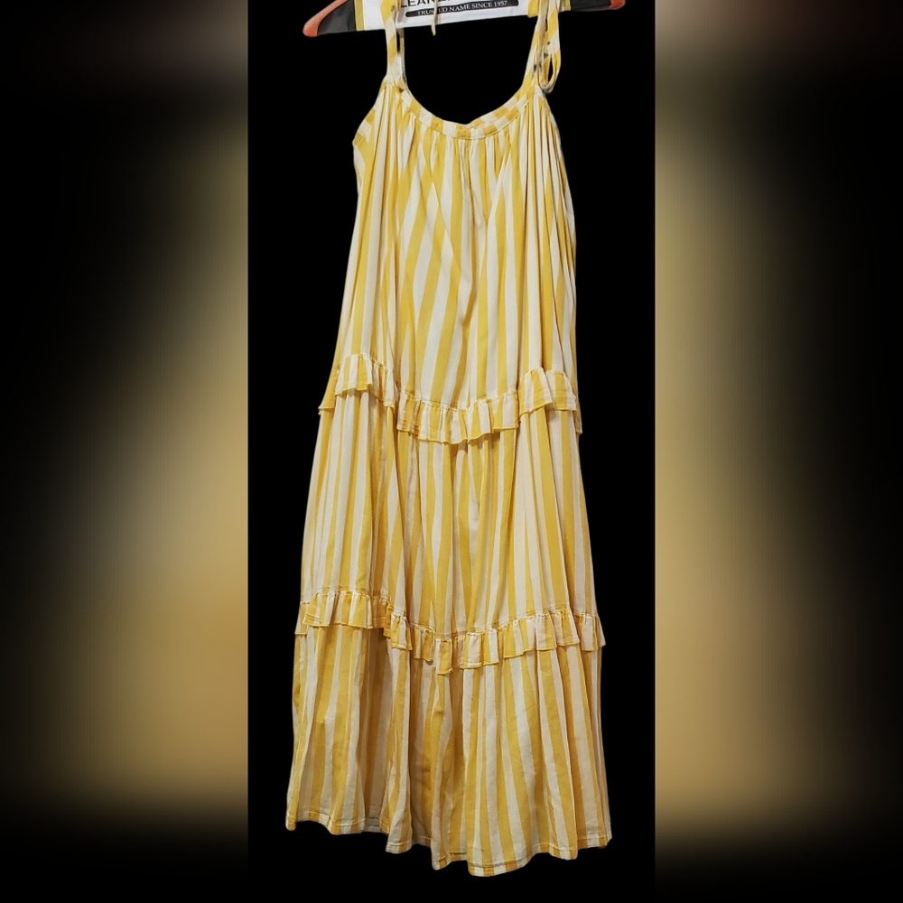 🐥Pink Chicken Yellow & White striped tiered sun dress Size S